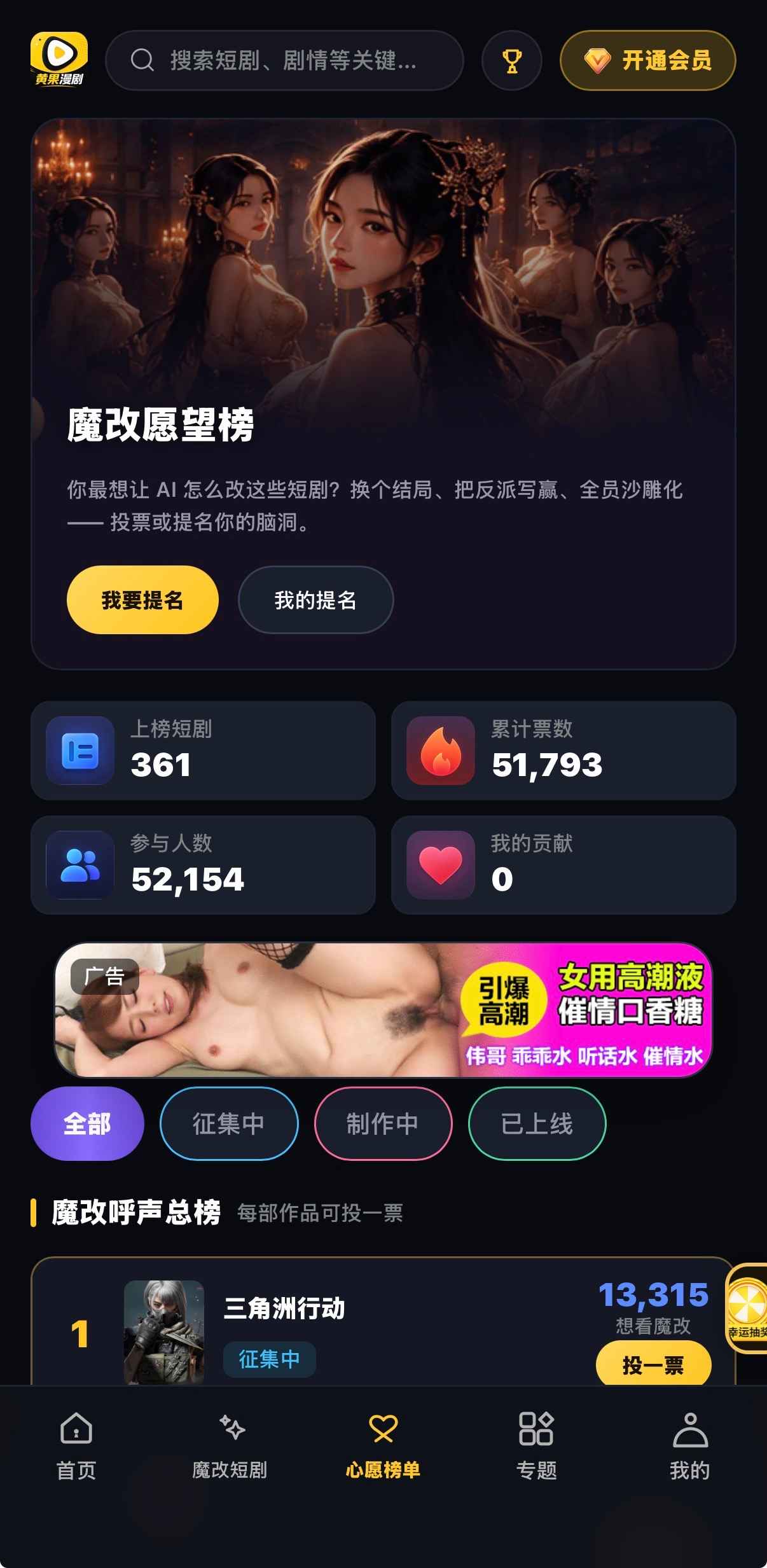 心愿榜：上榜361、票数51793、人数52154统计卡